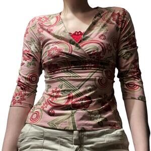 Y2K 3/4 Sleeve Pink Flower Pattern Tie Back V Neck Top Large